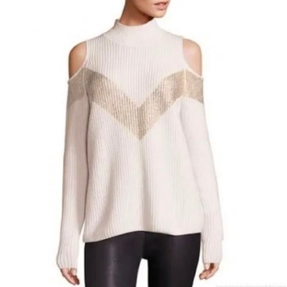 Zoe Jordan Sweater XS Cream Gold Cashmere Wool Cold Shoulder Mock Neck Luxury